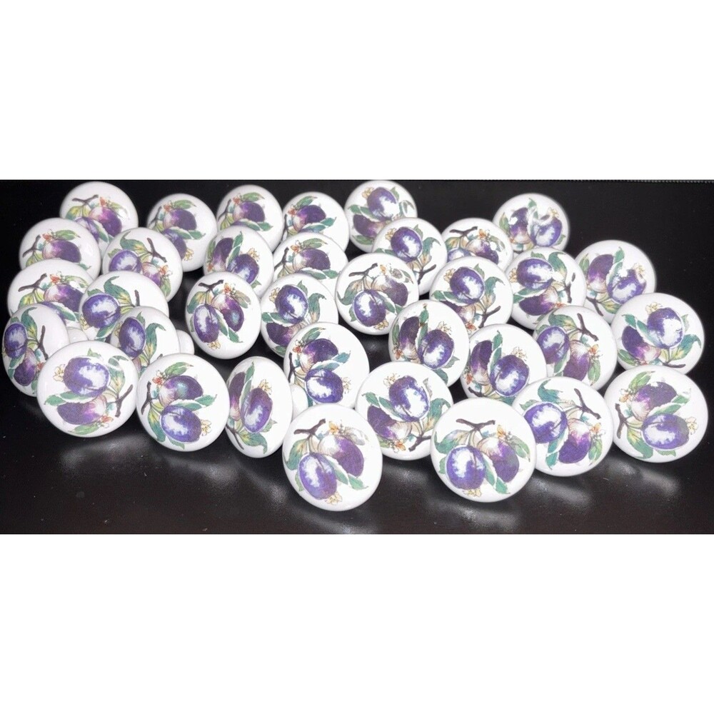 38 Porcelain Cabinet Drawer Knobs Pulls White Purple Plum Floral Fruit Decor